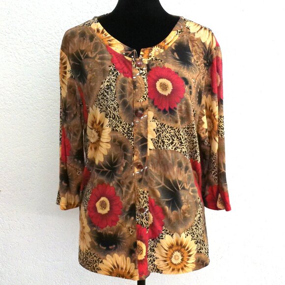 Red/brown floral 3/4 sleeves shirt, with little studs design - Picture 1 of 6